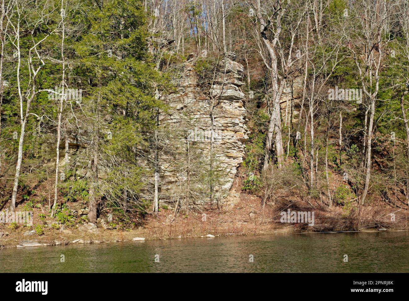 Towering rock cliffs along the cane creek at a picnic area at Fall creek falls in Tennessee on a bright sunny day in wintertime Stock Photo