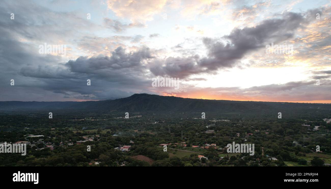 Countryside landscape with hill sunset background aerial drone view Stock Photo