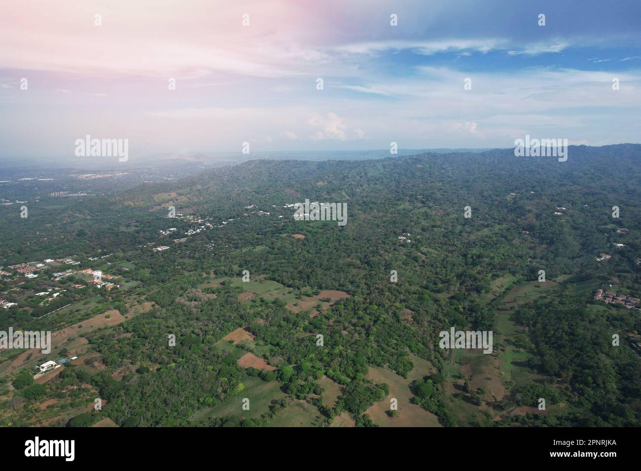 Green Nicaragua landscape with blue sky aerial drone view Stock Photo