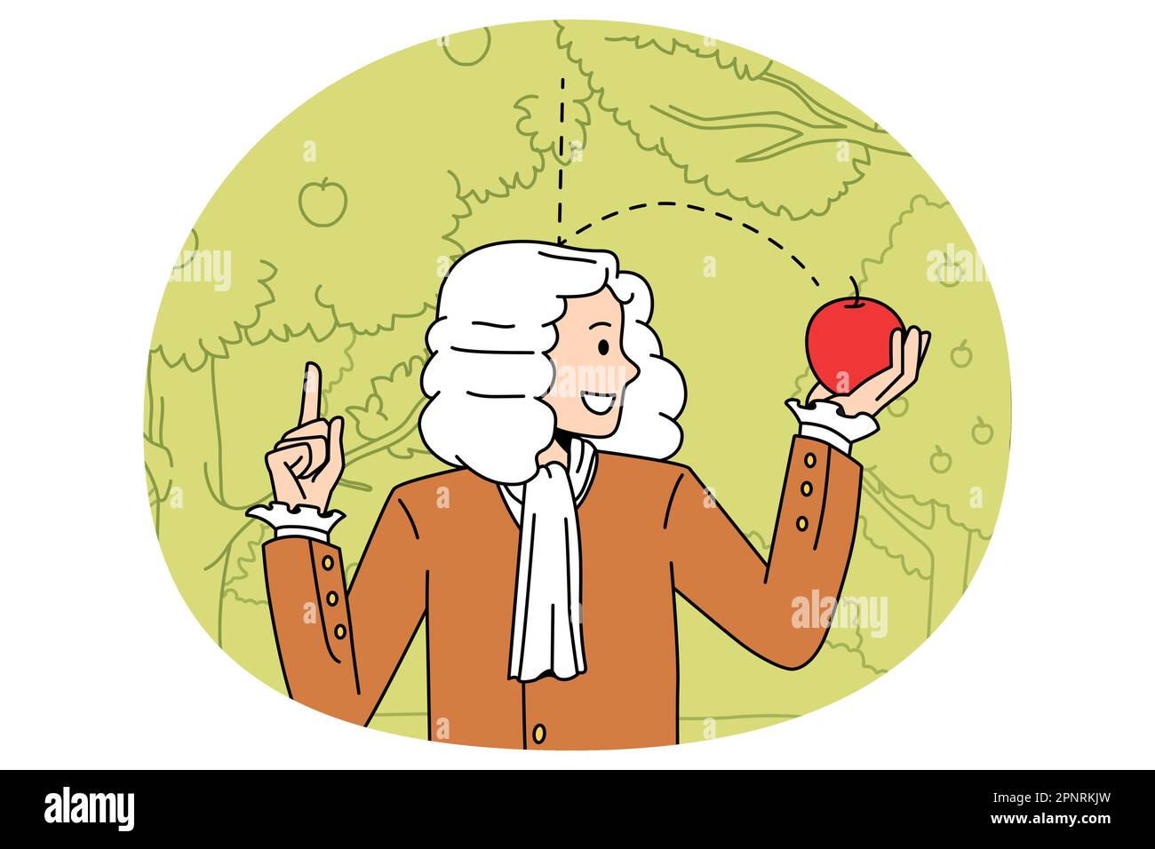 Science and physical experience concept. Sir Isaac Newton scientist standing and exploring gravity with red fallen apple in hands vector illustration Stock Vector