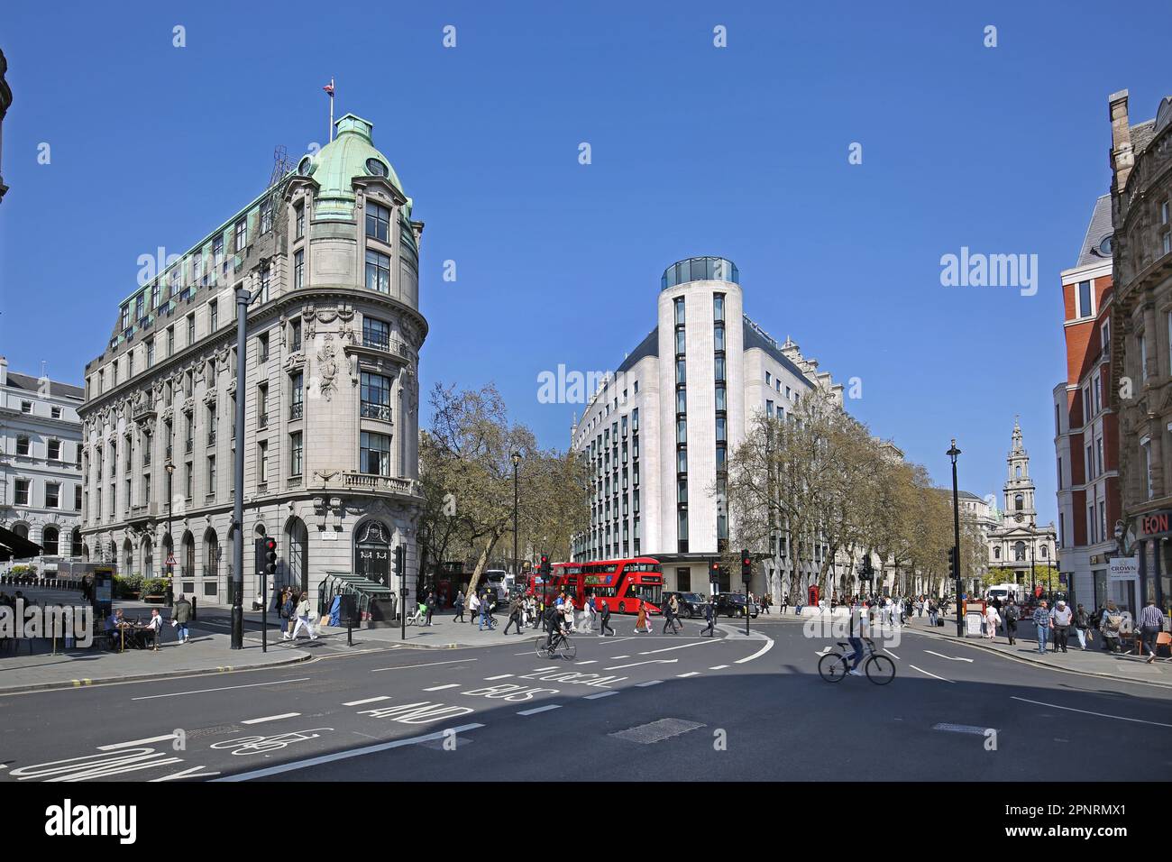 London, UK. Junction of Aldwych and the Strand looking east, showing the newly pedestrianised section of The Strand to the right. Stock Photo