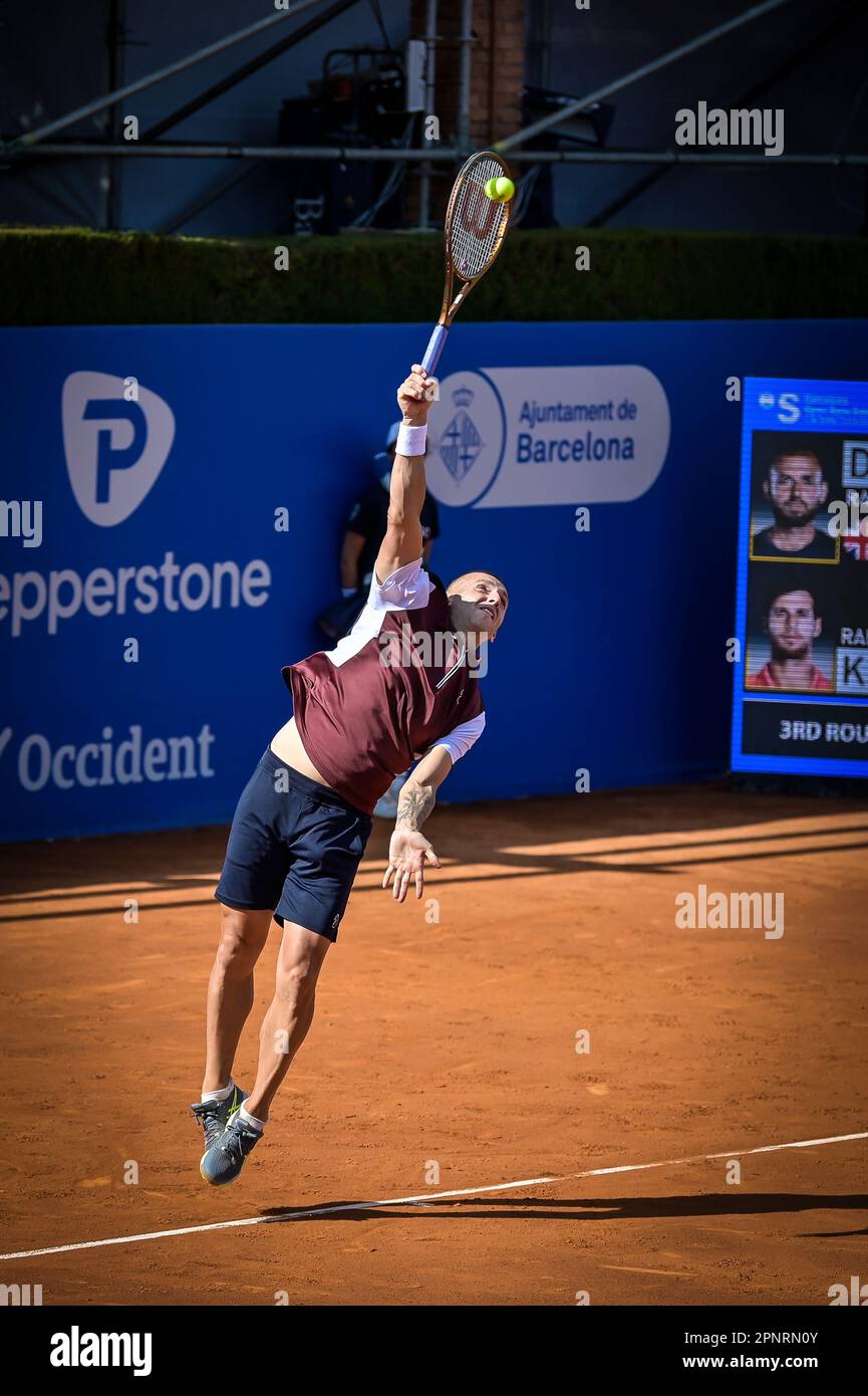 Barcelona, Spain. 20th Apr, 2023. Daniel Evans (UK) and Karen Khachanov  (Russia) face off during a ATP 500 Barcelona Open Banc Sabadell round of 16  match at Real Club de Tenis de