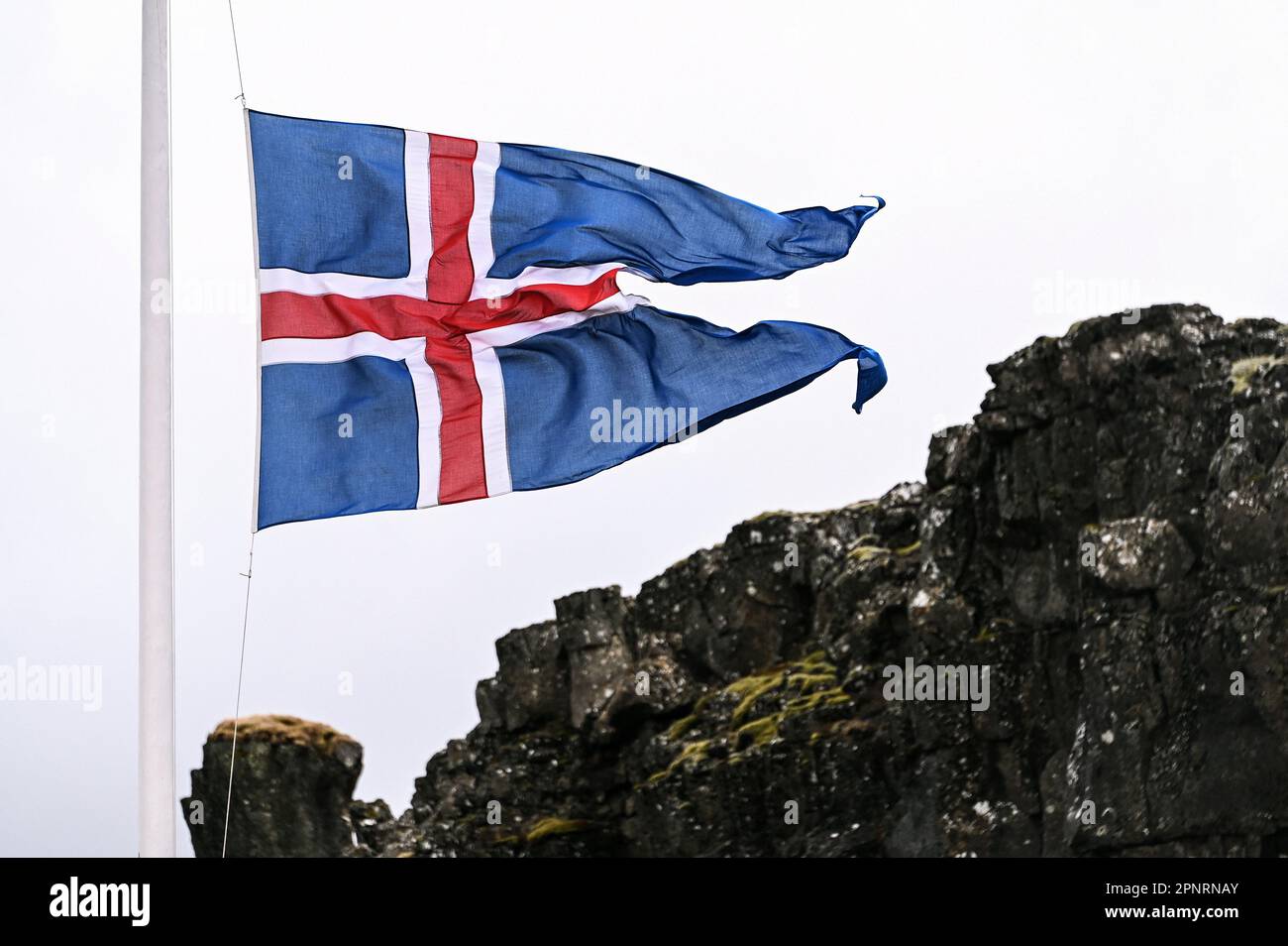 Icelandic flag in Thingvellir National Park, Iceland. Stock Photo