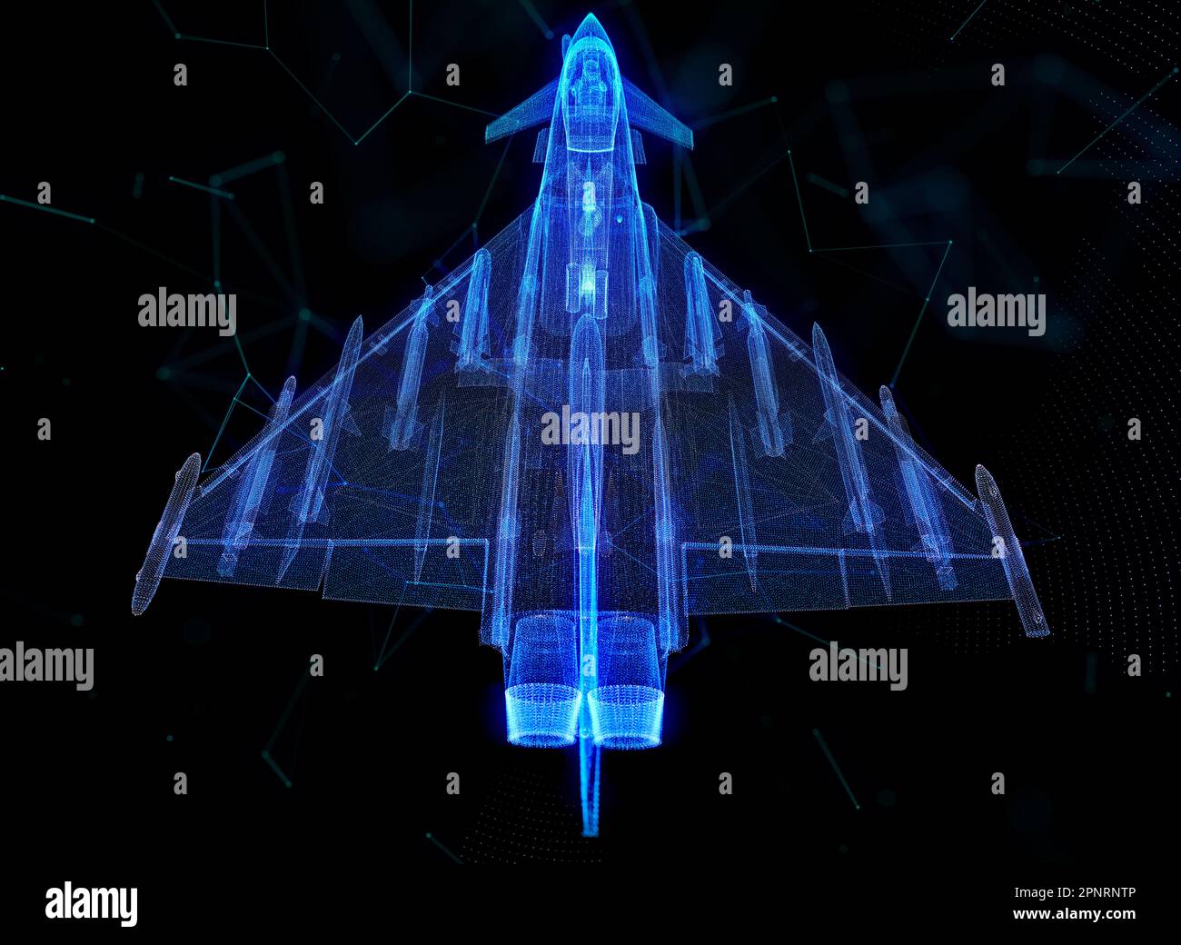 Jet in flight. Air plane in glow lines and connected to form. Virtual ...