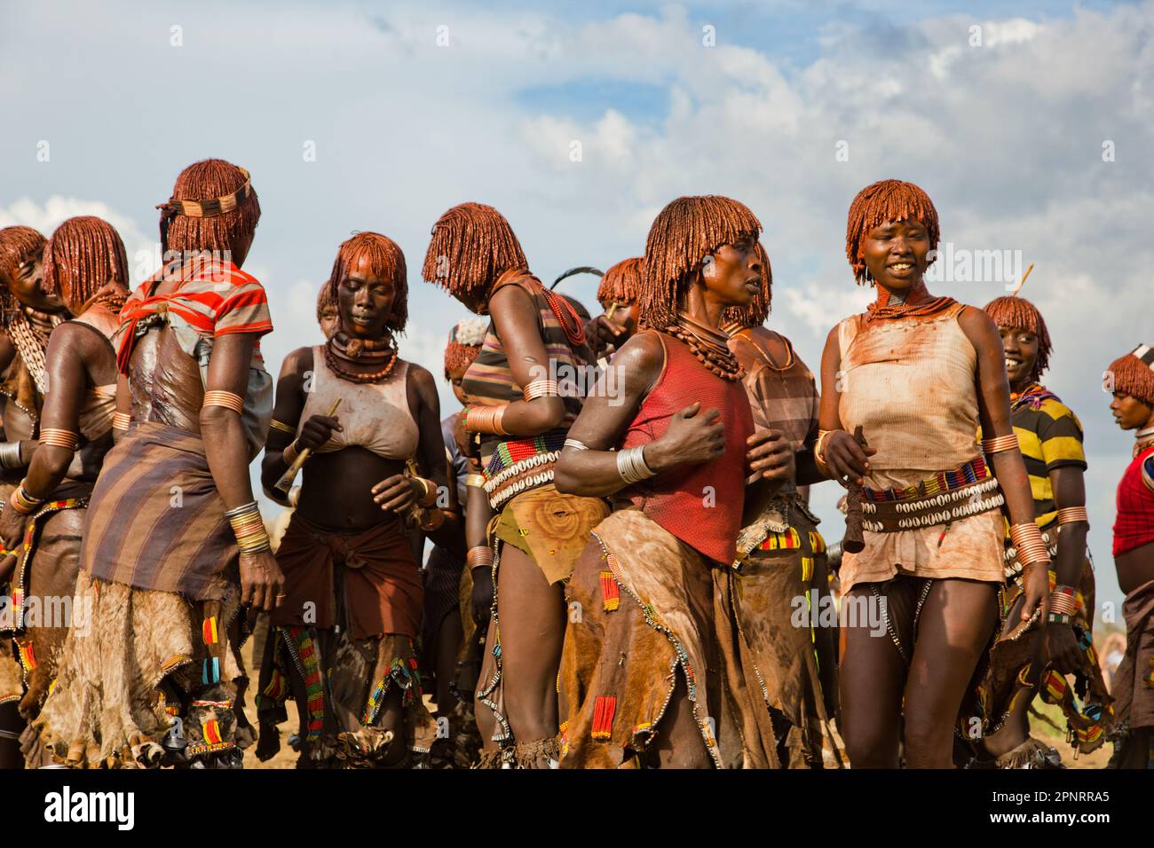 Bull Jumping Ceremony Women Relatives Dance Hamer Tribe Ethiopia Stock