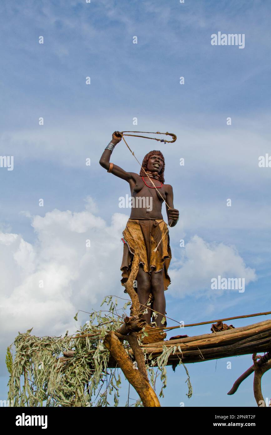 A traditional slingshot for expelling birds from agricultural fields Hamer Tribe, Ethiopia Stock Photo