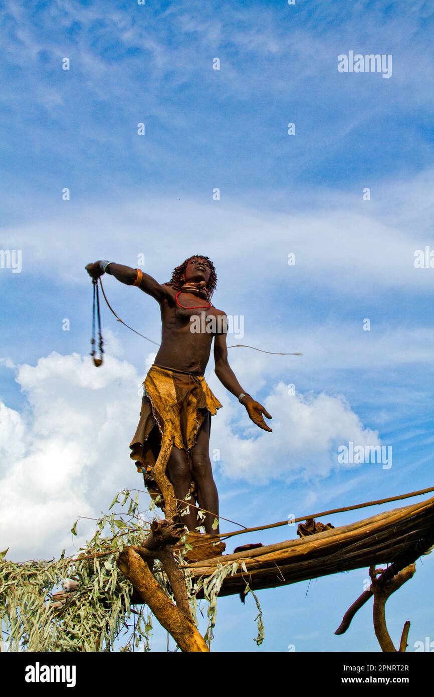 A traditional slingshot for expelling birds from agricultural fields Hamer Tribe, Ethiopia Stock Photo