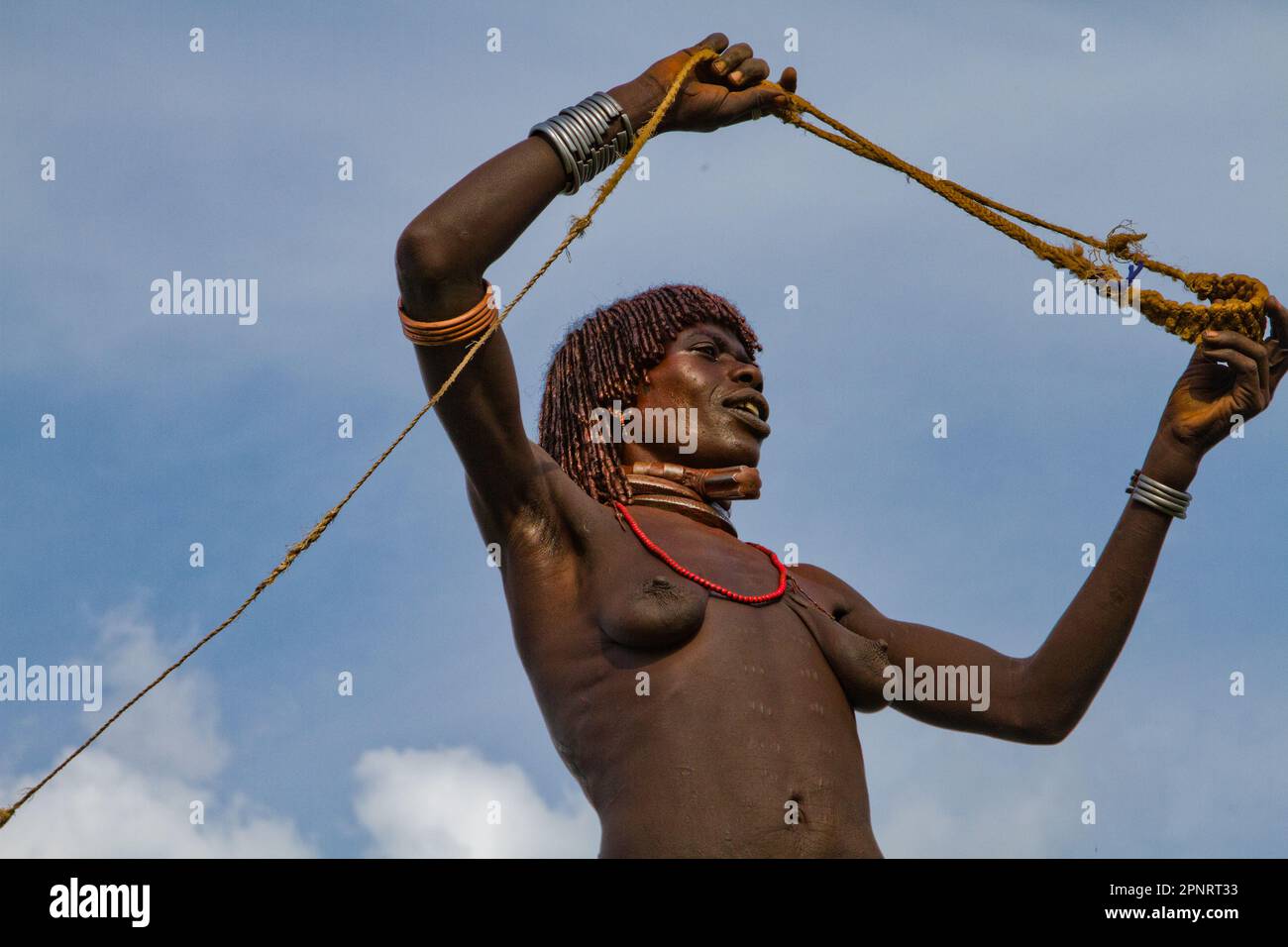 A traditional slingshot for expelling birds from agricultural fields Hamer Tribe, Ethiopia Stock Photo