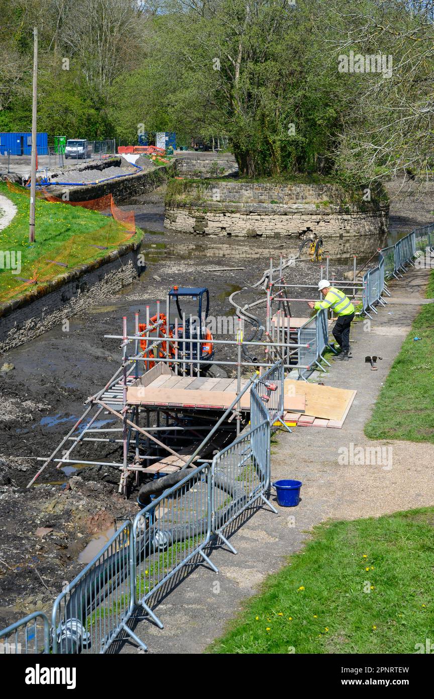 Work taking place on the Trevor Basin on the Llangollen Canal, part of a £15m investment in the facilities on offer in the basin. Stock Photo