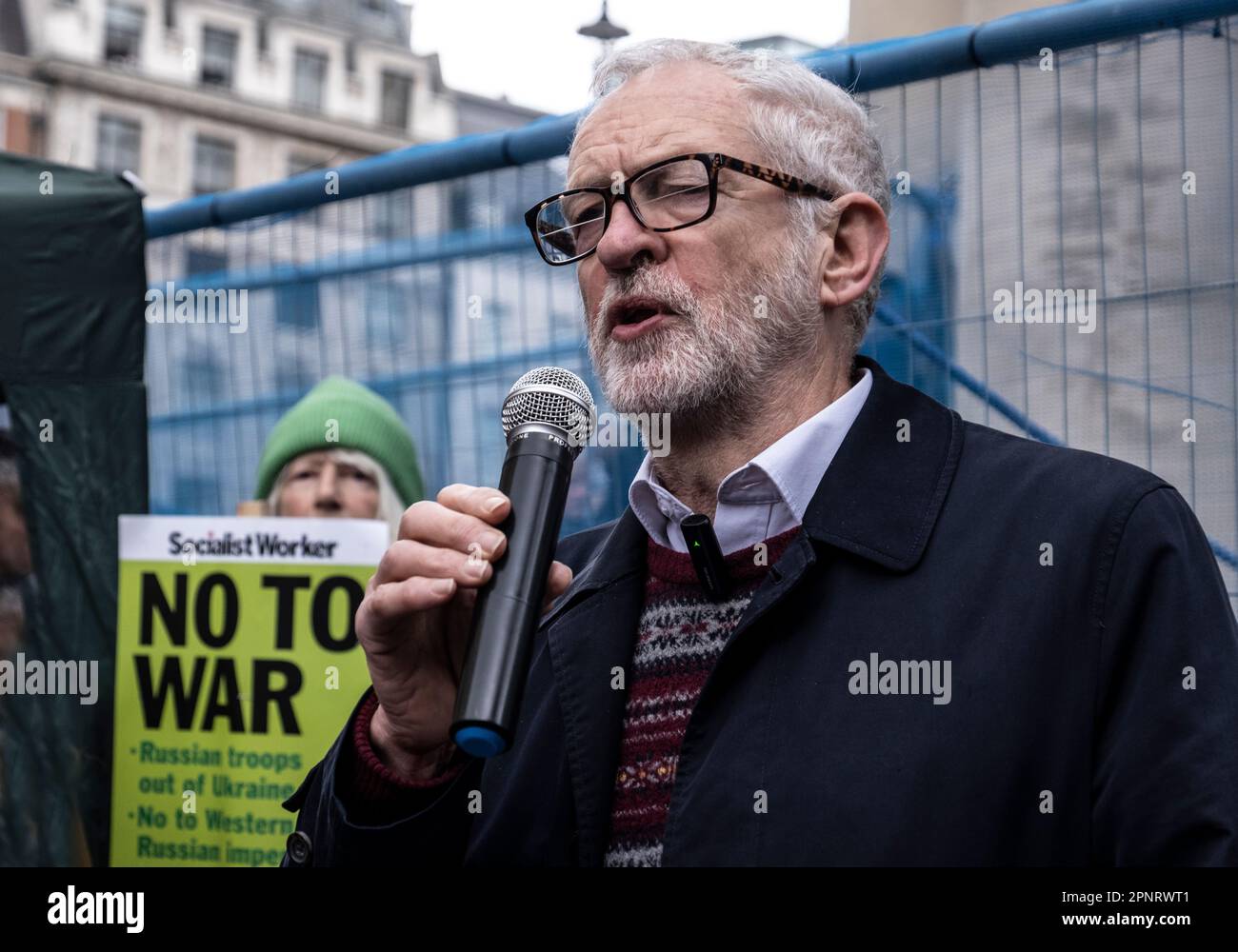 Jeremy Corbyn at Stop the War in Ukraine demonstration and Rally in Trafalgar Square london 28 March 2023 Stock Photo