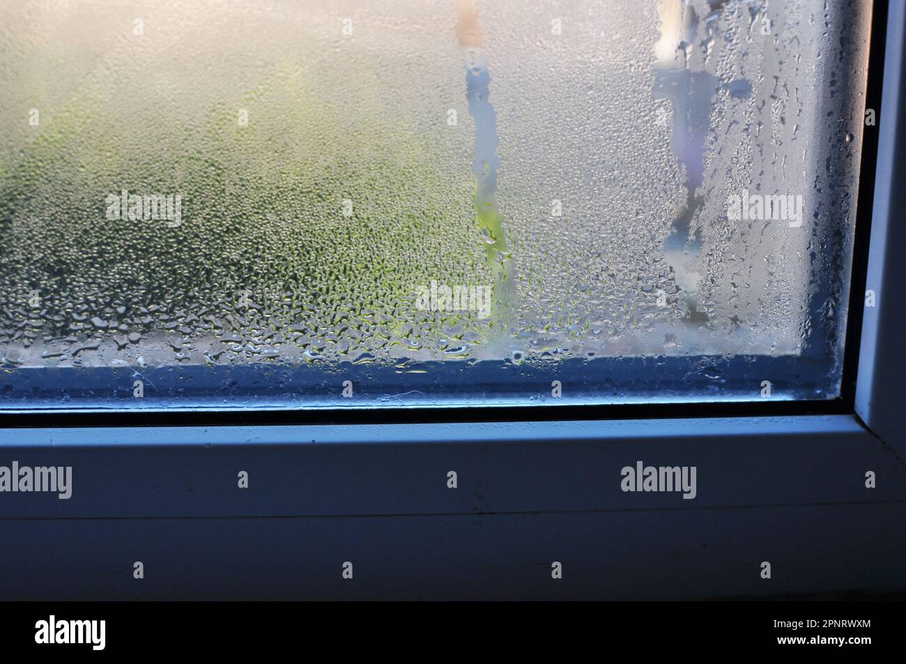 Fogging of metal plastic windows due to cooling and high humidity Stock Photo