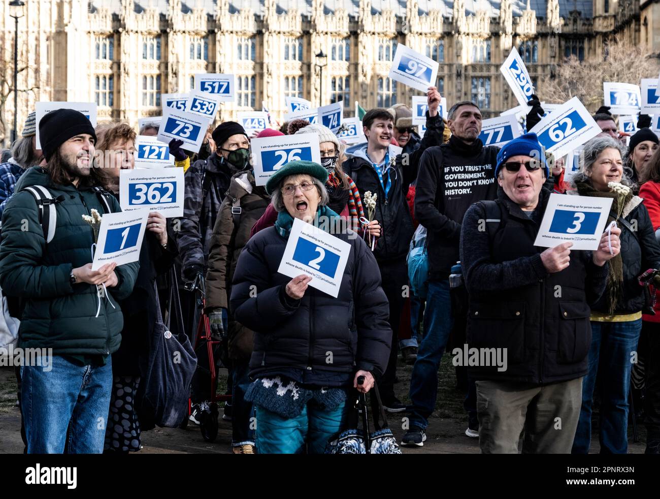 NHS National Health Service anti-privatisation protest in Trafalgar Square on 25 February 2023. Organized by We Own it following  a recent Oxford University study linking increased outsourcing of NHS services to the preventable deaths of 557 people since 2013. Stock Photo