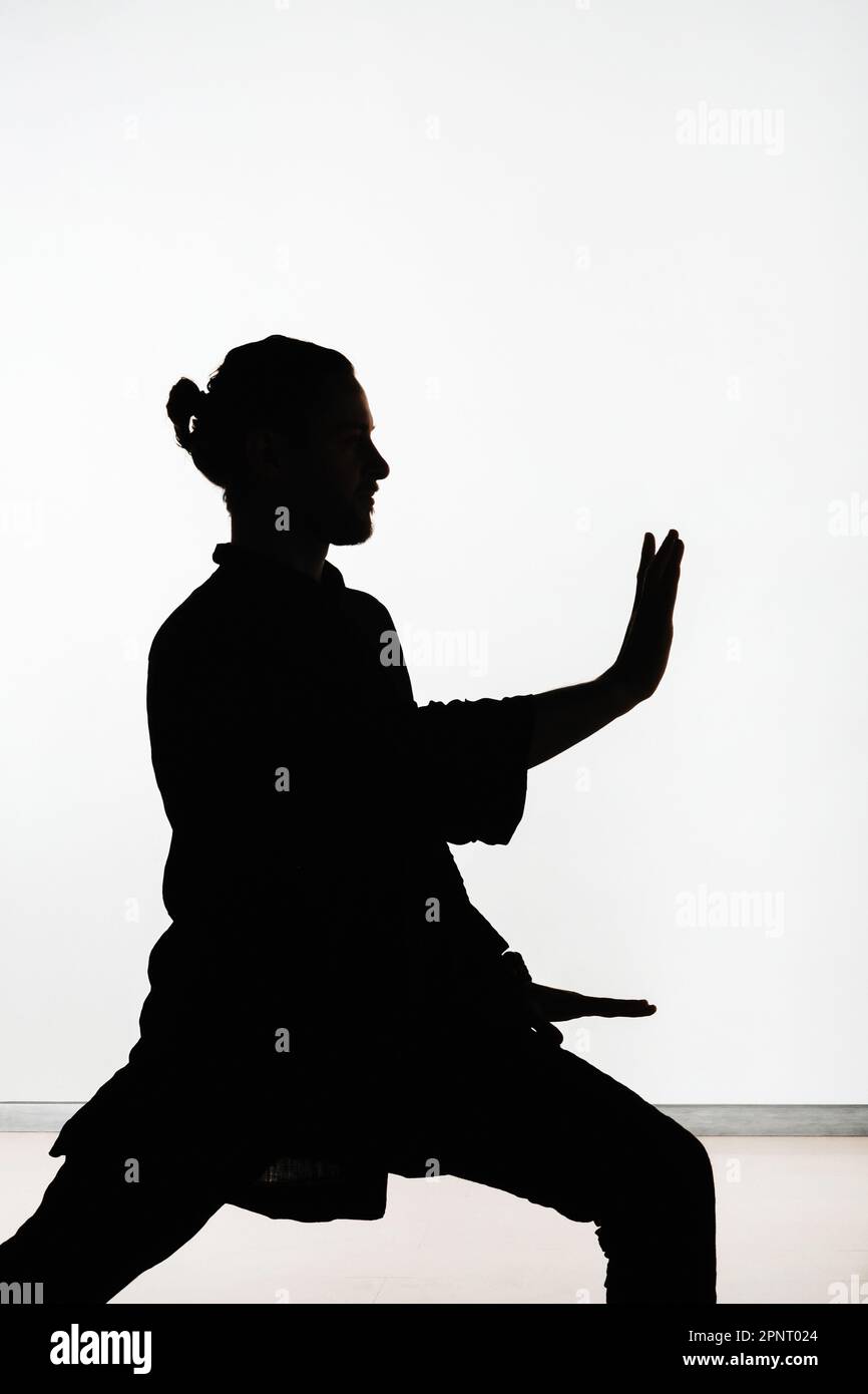 Silhouette of a person practicing qigong energy exercises on a light ...