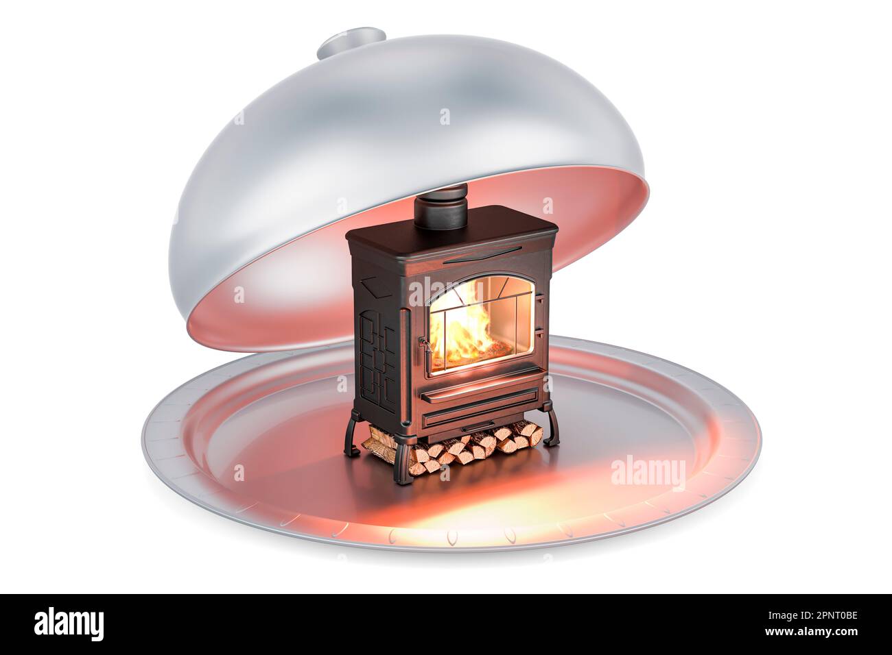 Restaurant cloche with potbelly stove, wood burner stove with chimney