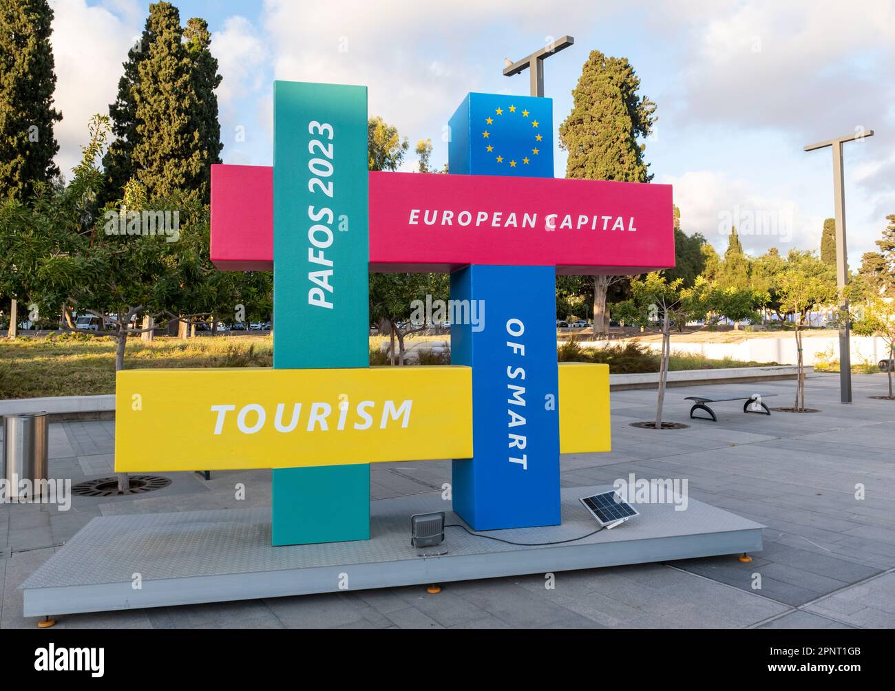 Pafos European Capital of Smart Tourism 2023 logo and old police station building, Kennedy Square, Pafos old town (Ktima), Cyprus. Stock Photo