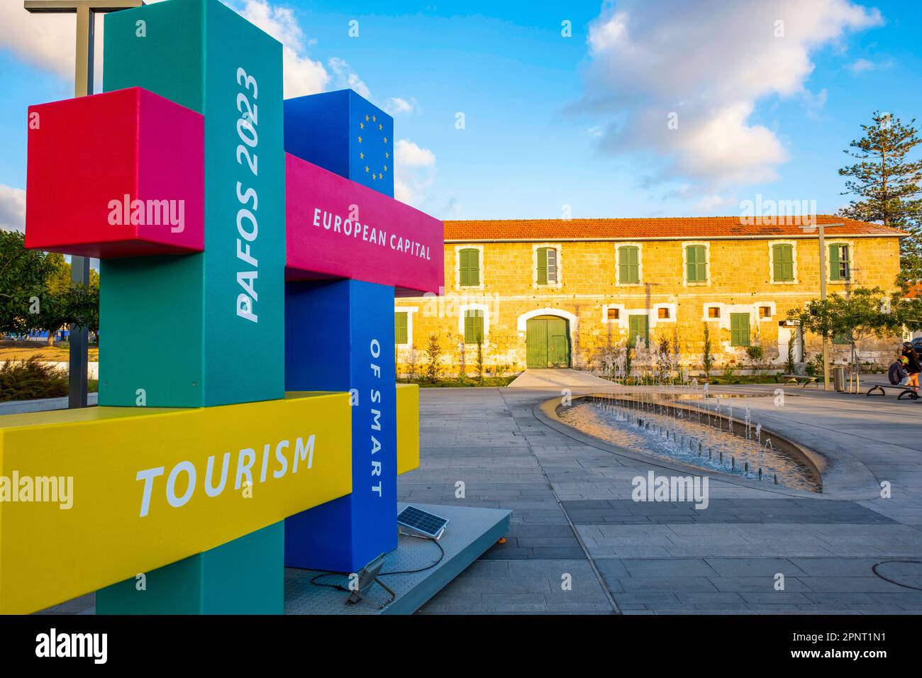 Pafos European Capital of Smart Tourism 2023 logo, Kennedy Square, Pafos old town (Ktima), Cyprus. Stock Photo