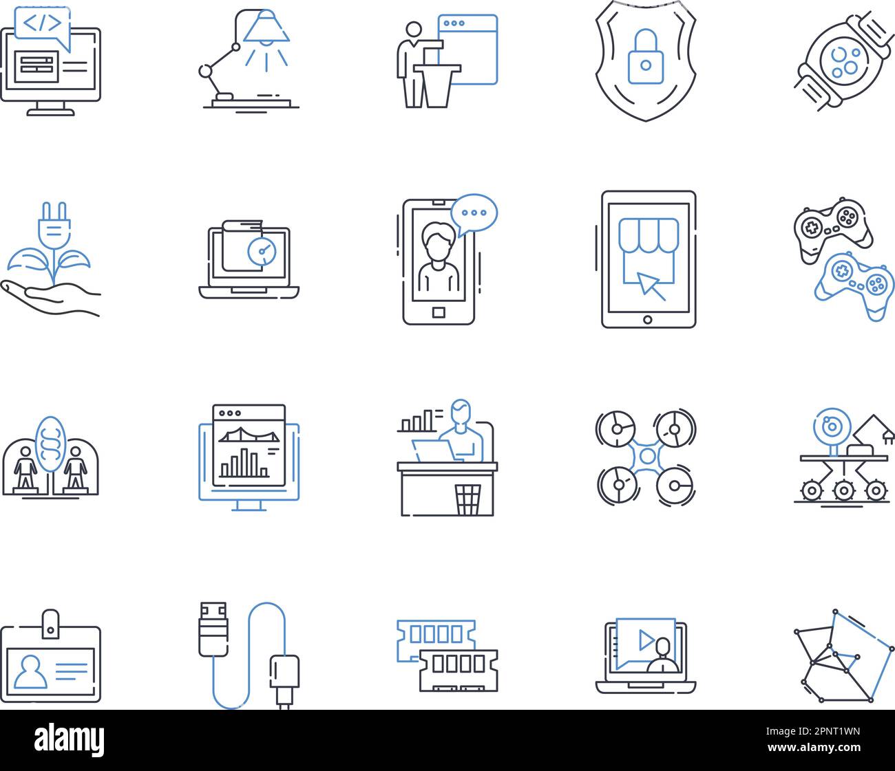 Multimedia devices line icons collection. Smartphs, Tablets, Laptops, Desktops, Smart TVs, Game Consoles, Projectors vector and linear illustration Stock Vector