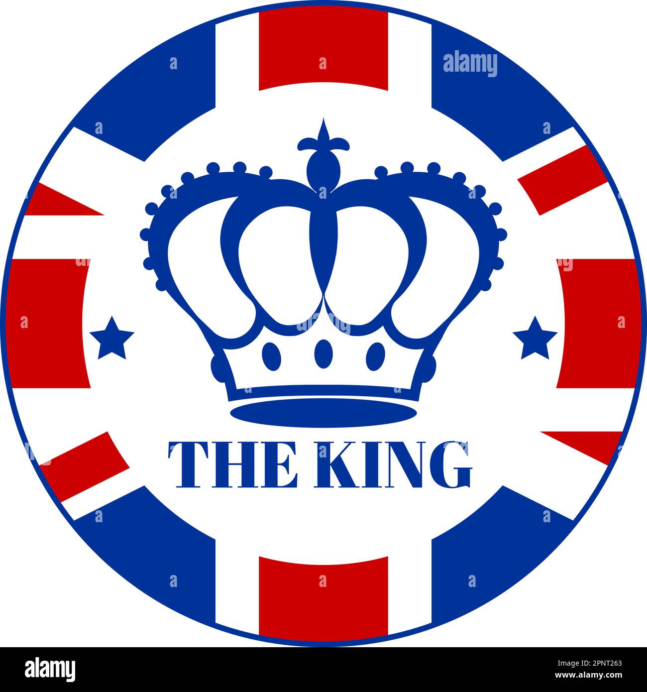 A round badge emblazoned with the British flag, a royal crown and the word The King. Poster, postcard, emblem, logo in honor of the coronation of the Stock Vector