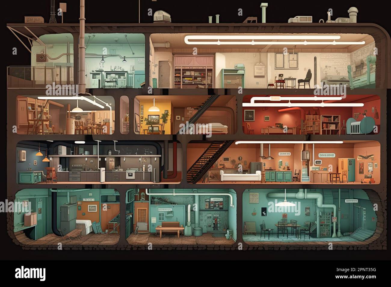 crosssection of fallout shelters multilevel structure for nuclear