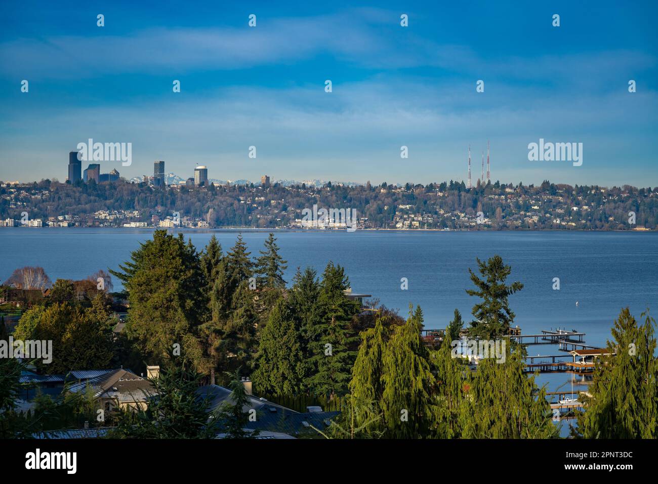 A stunning aerial view of the Seattle skyline the Lake Washington and