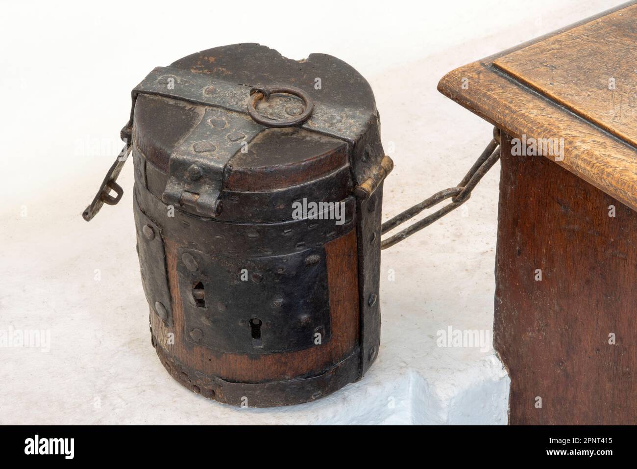 Collection poor box chained to a bench St Mary the Virgin Church Parham ...