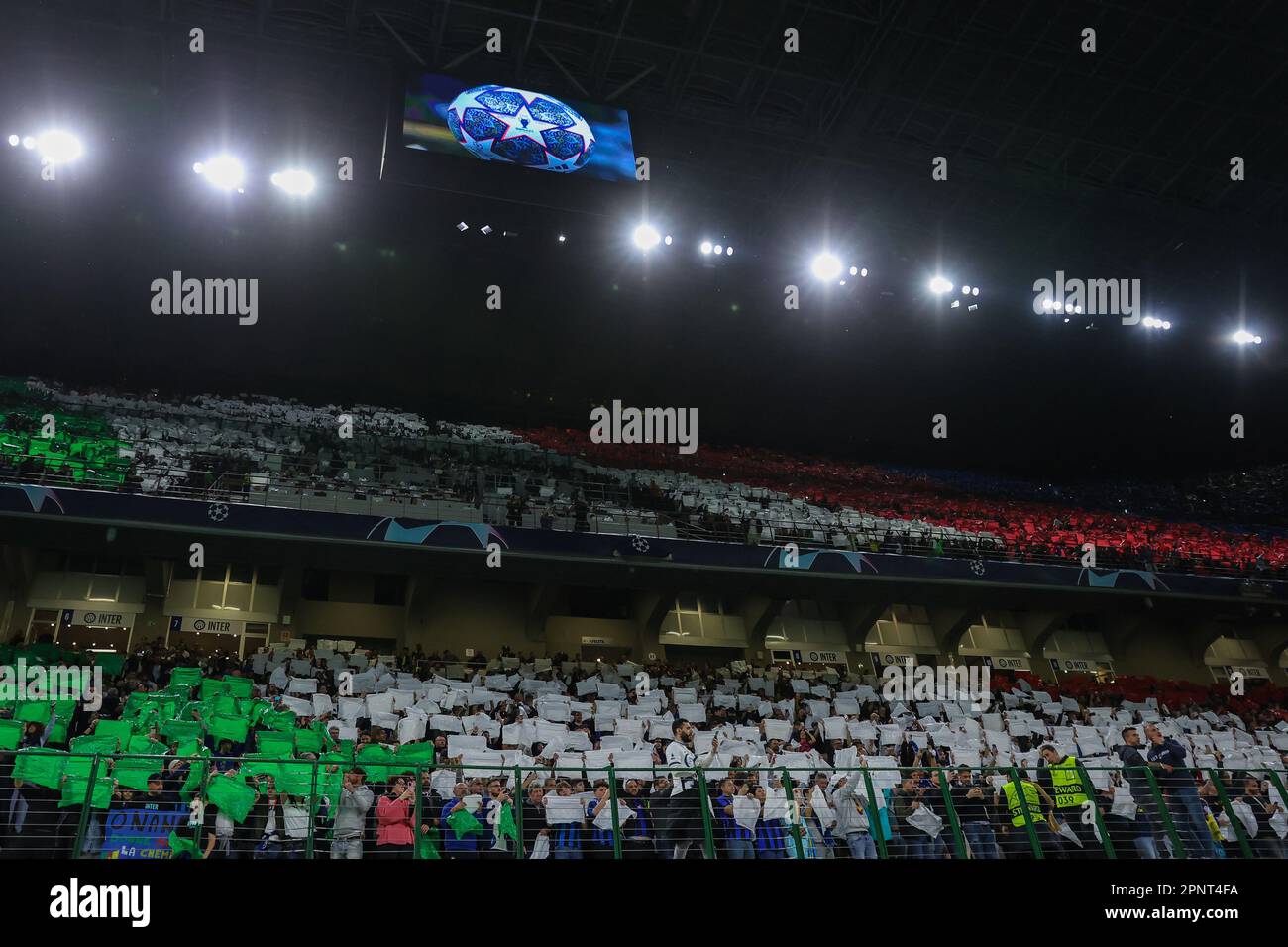 Milan, Italy. 19th Apr, 2023. FC Internazionale supporters choreography during the UEFA Champions League 2022/23 Quarter-Finals - 2nd leg football match between FC Internazionale and SL Benfica at Giuseppe Meazza Stadium, Milan, Italy on April 19, 2023 Credit: Independent Photo Agency/Alamy Live News Stock Photo