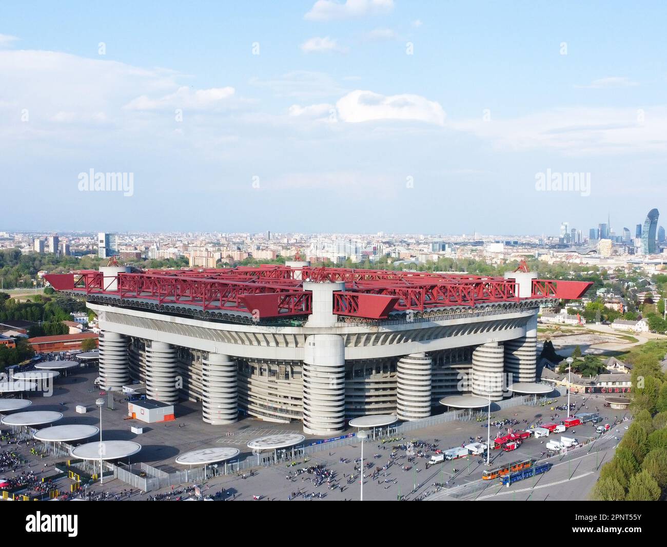 Milan, Italy. 19th Apr, 2023. Milan, Italy, April 19th 2023: General view  of the stadium San Siro from above by drone prior the UEFA Champions League  Quarterfinal football match between Inter and