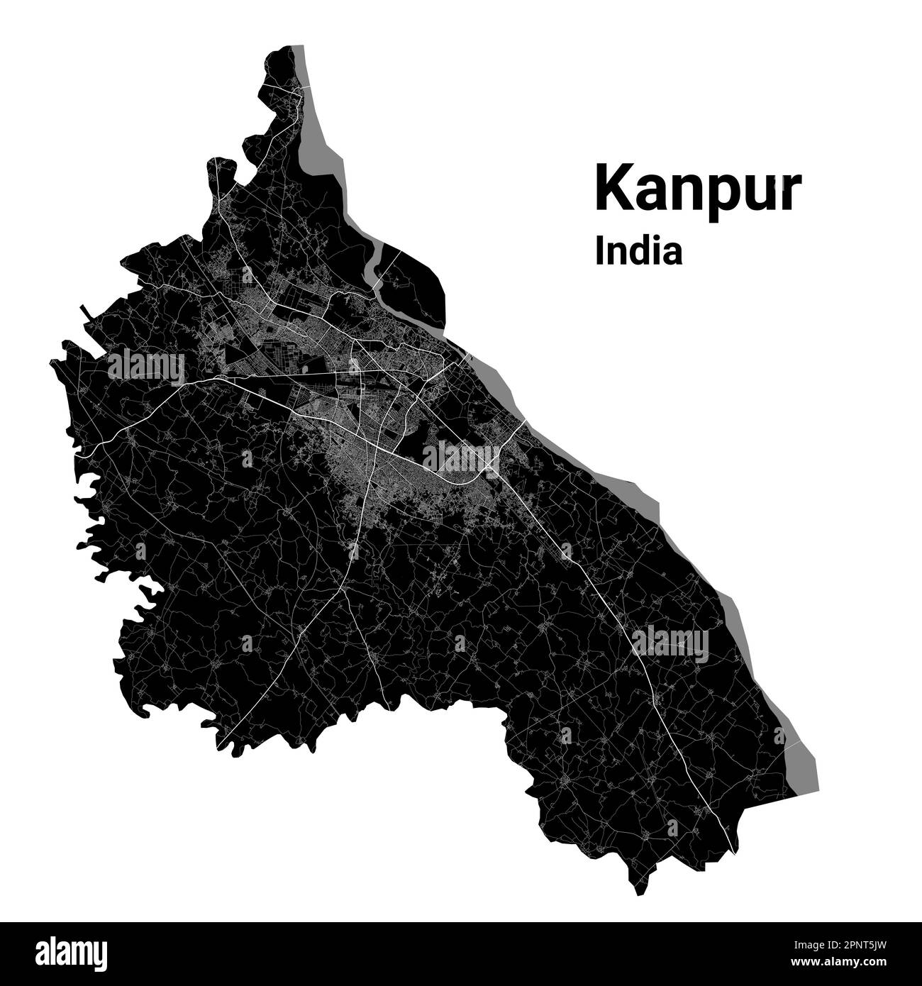 Kanpur map. Detailed vector map of Kanpur city administrative area. Cityscape poster metropolitan aria view. Black land with white roads and avenues. Stock Vector