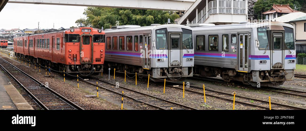 JR West KiHa 47 Series and 120 Series trains at Miyoshi Station in Hiroshima Prefecture, Japan. Stock Photo