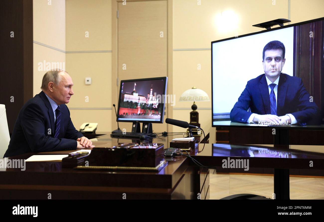 Novo-Ogaryovo, Russia. 20th Apr, 2023. Russian President Vladimir Putin holds a video conference call with Mikhail Kotyukov appointing him as governor for the Krasnoyarsk Territory from the official residence at Novo-Ogaryovo, April 20, 2023 outside Moscow, Russia. Credit: Gavriil Grigorov/Kremlin Pool/Alamy Live News Stock Photo