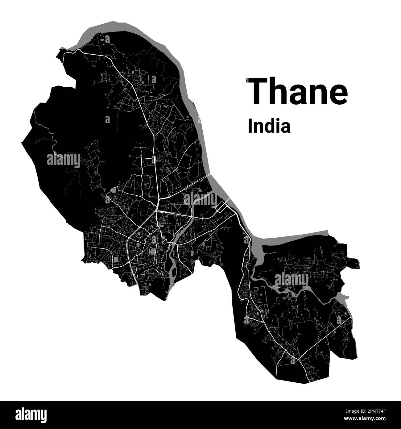 Thane map. Detailed vector map of Thane city administrative area. Cityscape poster metropolitan aria view. Black land with white roads and avenues. Wh Stock Vector