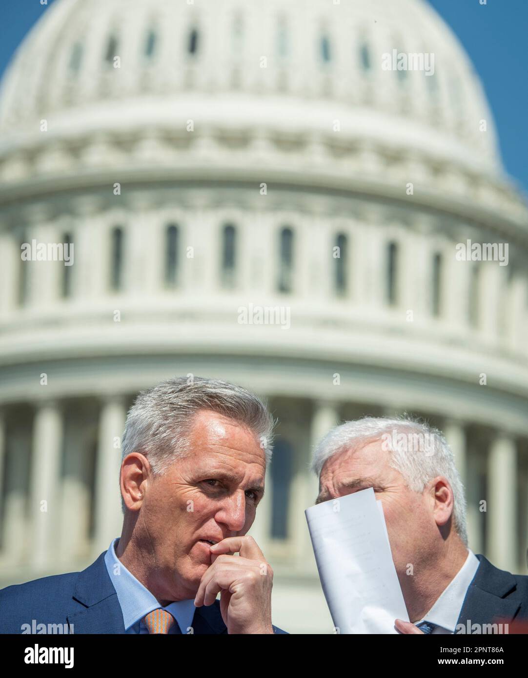 Washington, Vereinigte Staaten. 20th Apr, 2023. Speaker of the United States House of Representatives Kevin McCarthy (Republican of California), left, talks with House Majority Whip House Majority Tom Emmer (Republican of Minnesota), right, prior to a press conference on House passage of H.R. 734, the Protection of Women and Girls in Sports Act, at the US Capitol in Washington, DC, Thursday, April 20, 2023. Credit: Rod Lamkey/CNP/dpa/Alamy Live News Stock Photo