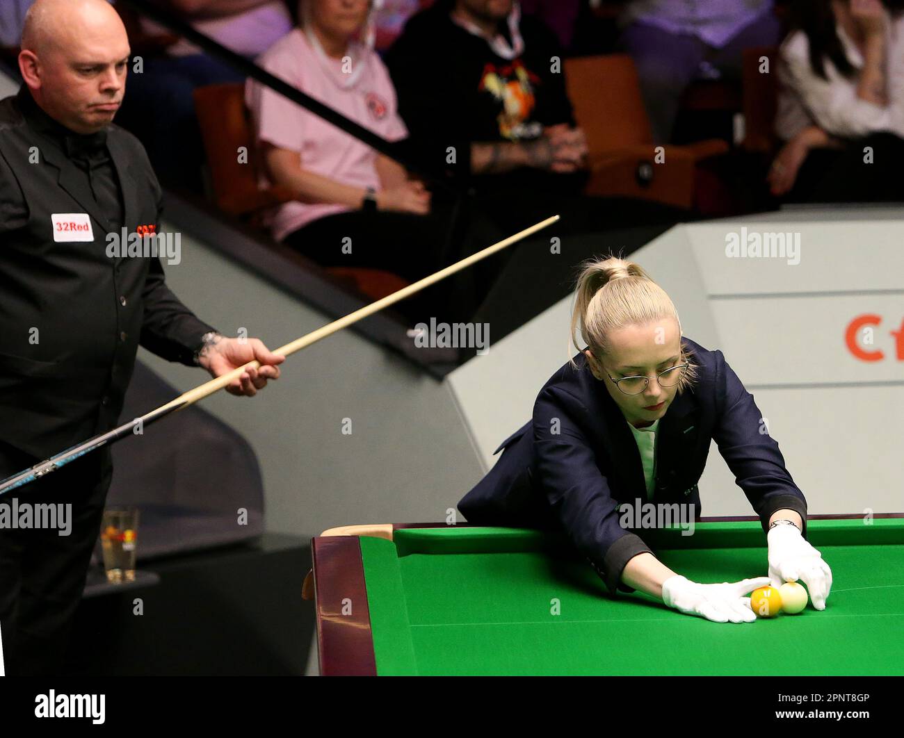 20th April 2023; The Crucible, Sheffield, England: 2023 Cazoo World Snooker Championship, Day 6; Stewart Bingham waits for referee Desislava Bozhilova to re spot the balls versus Mark Allan Stock Photo