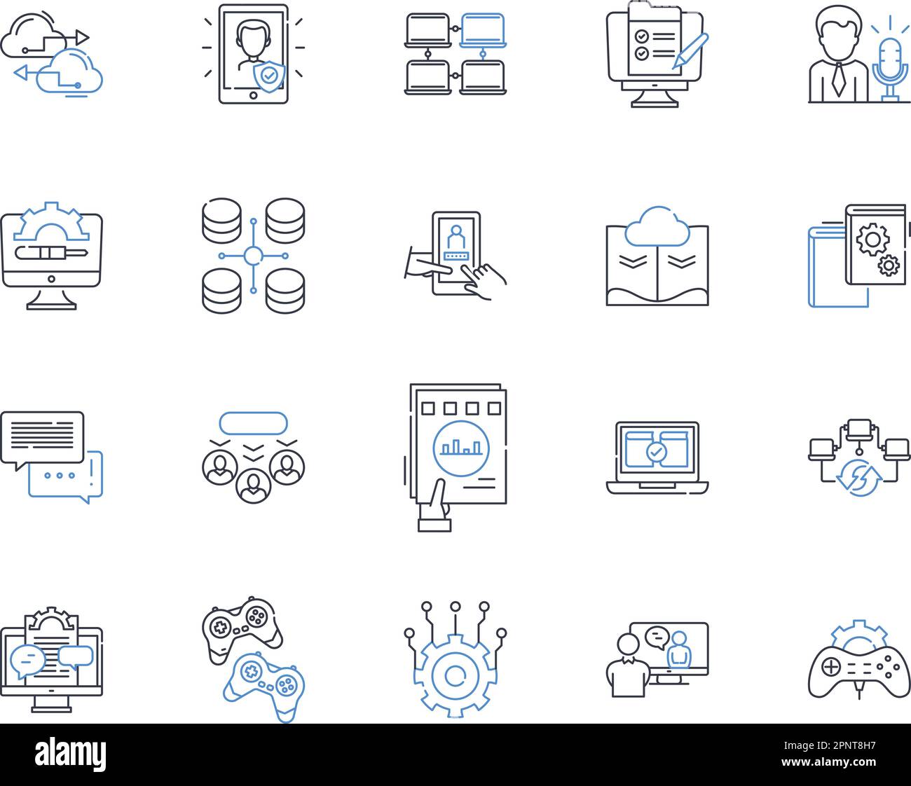 Information device line icons collection. Smartph, Tablet, Laptop, Desktop, Smartwatch, E-reader, Gaming console vector and linear illustration Stock Vector