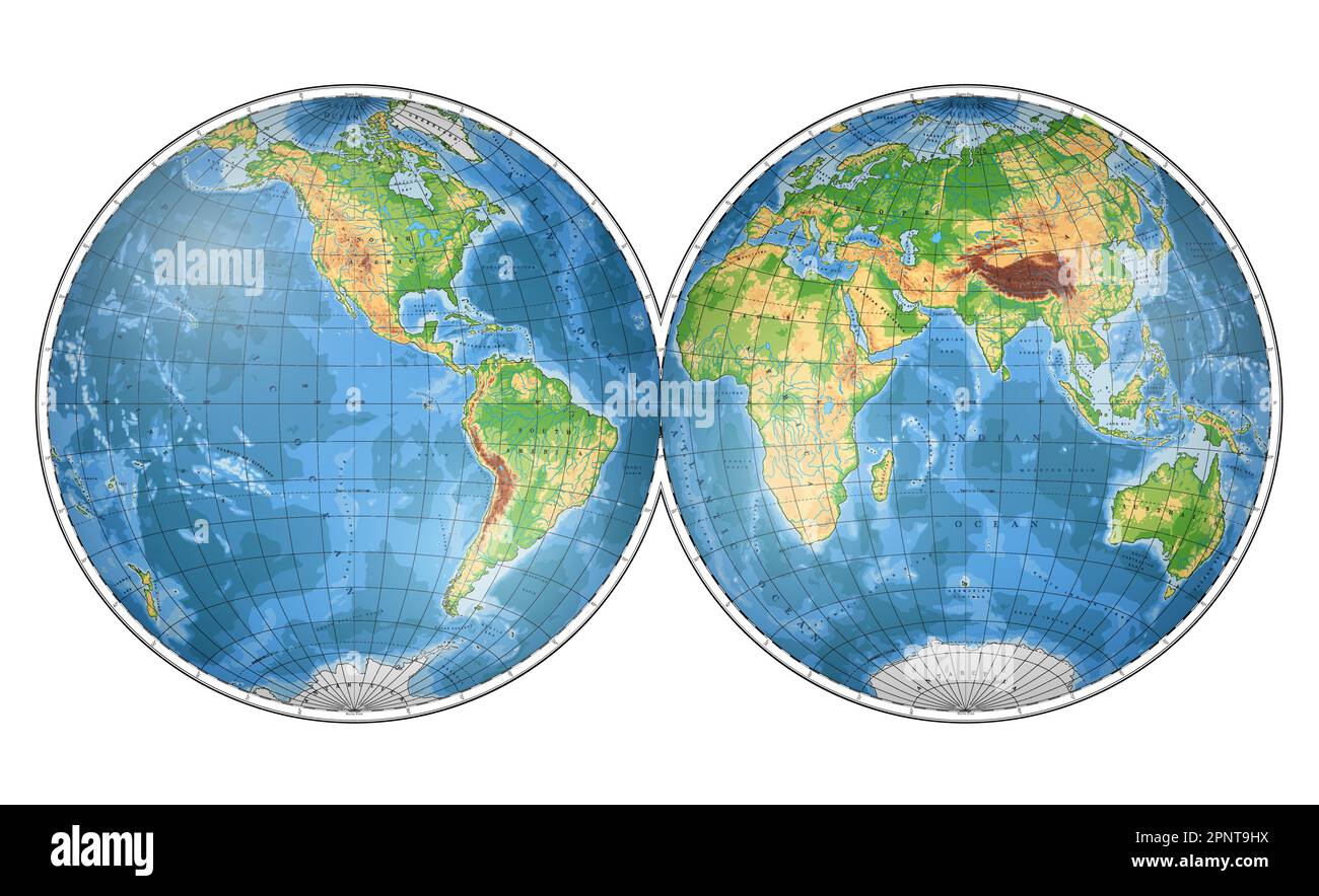 Highly detailed physical World Map in globe shape of Earth. Nicolosi globular projection – 3D. Stock Vector