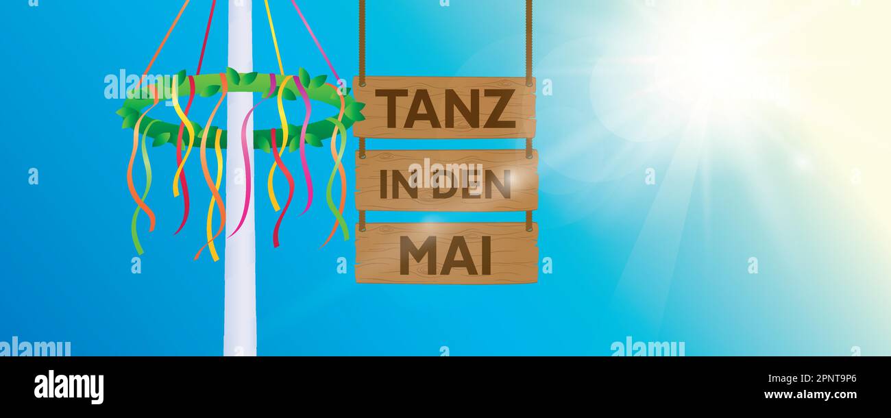 hanging wooden sign -tanz in den mai- maypole with colorful ribbons ...