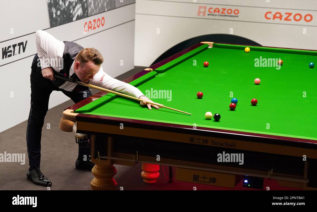 Shaun Murphy at the table during match against Si Jiahui during day six of the Cazoo World Snooker Championship at the Crucible Theatre, Sheffield