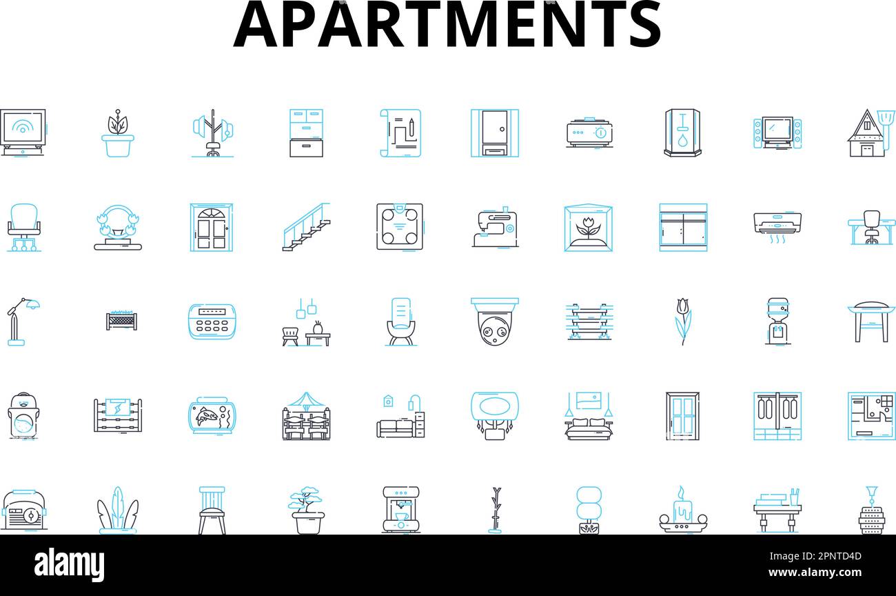 Apartments linear icons set. Homey, Cozy, Spacious, Luxurious, Stylish, Modern, Affordable vector symbols and line concept signs. Gated,High-rise Stock Vector