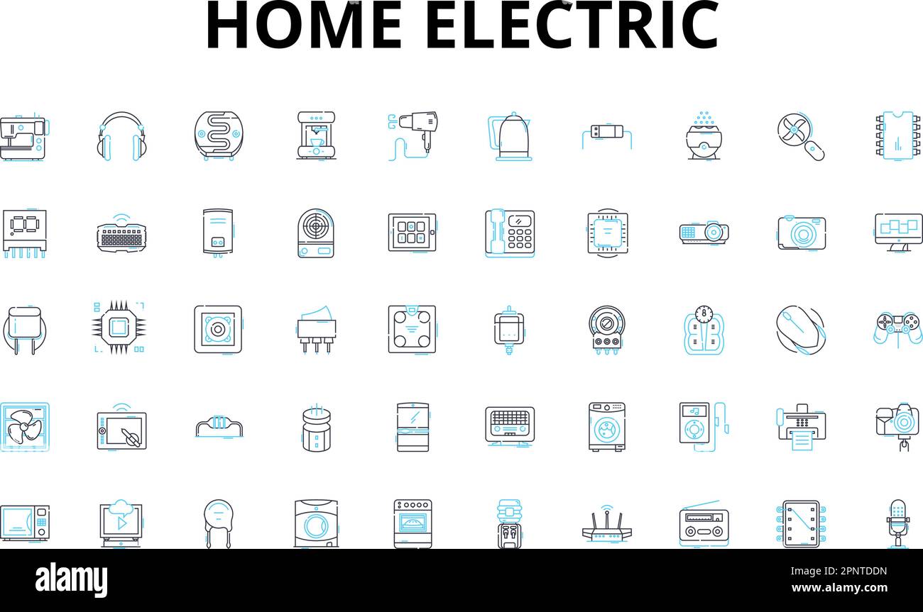 Home electric linear icons set. Voltage, Amperage, Wattage, Circuit, Outlet, Switch, Fuse vector symbols and line concept signs. Breaker,Grounding Stock Vector