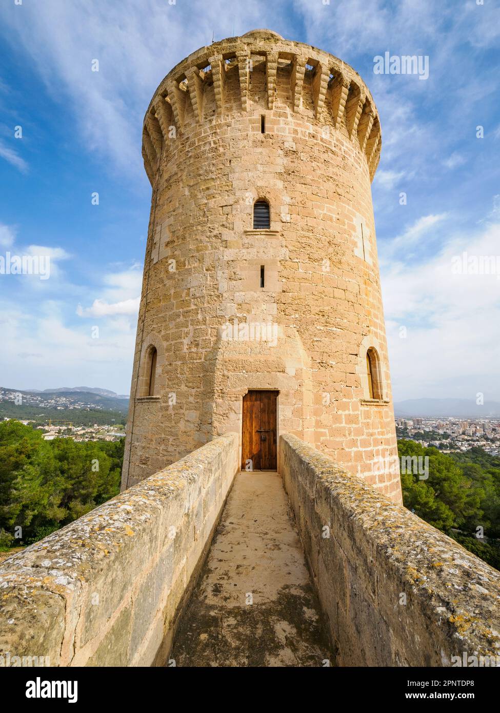 Donjon tower of Bellver Castle the Castillo de Bellver high on a hill overlooking Palma de Majorca in the Balearic Islands of Spain Stock Photo