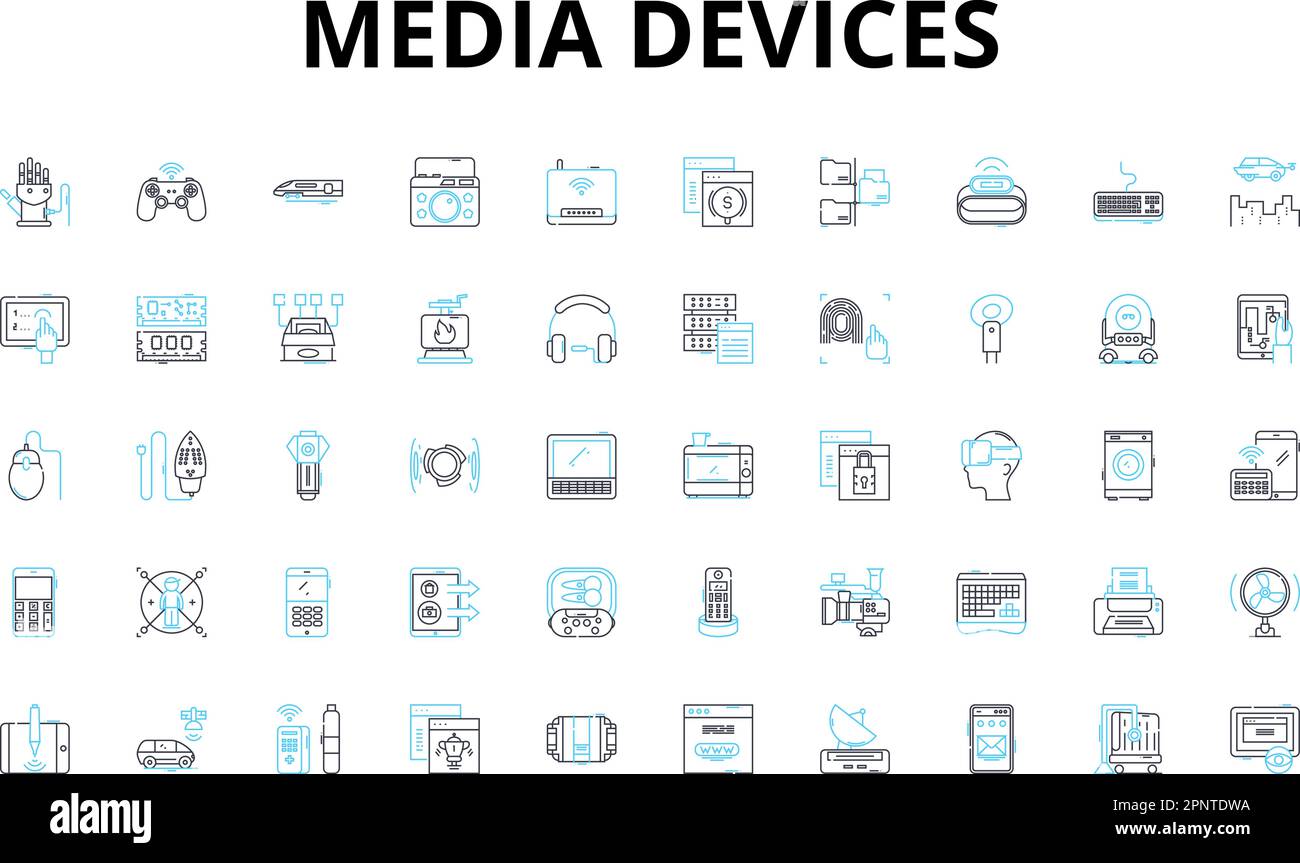 Media devices linear icons set. Tablet, Laptop, Smartph, Television, Camera, Smartwatch, Gaming vector symbols and line concept signs. Headphs,Earbuds Stock Vector
