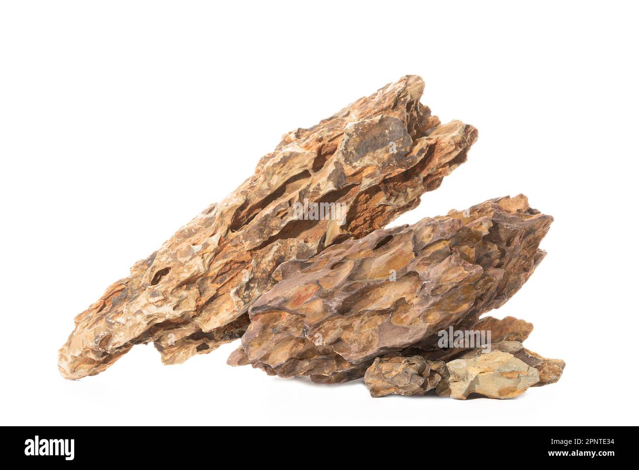 Ohko dragon stone for freshwater aquarium aquascaping design isolated on the white background. Stock Photo