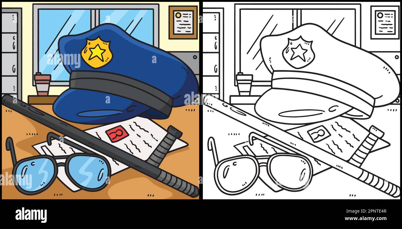 Police Hat And Baton Coloring Page Illustration Stock Vector Image