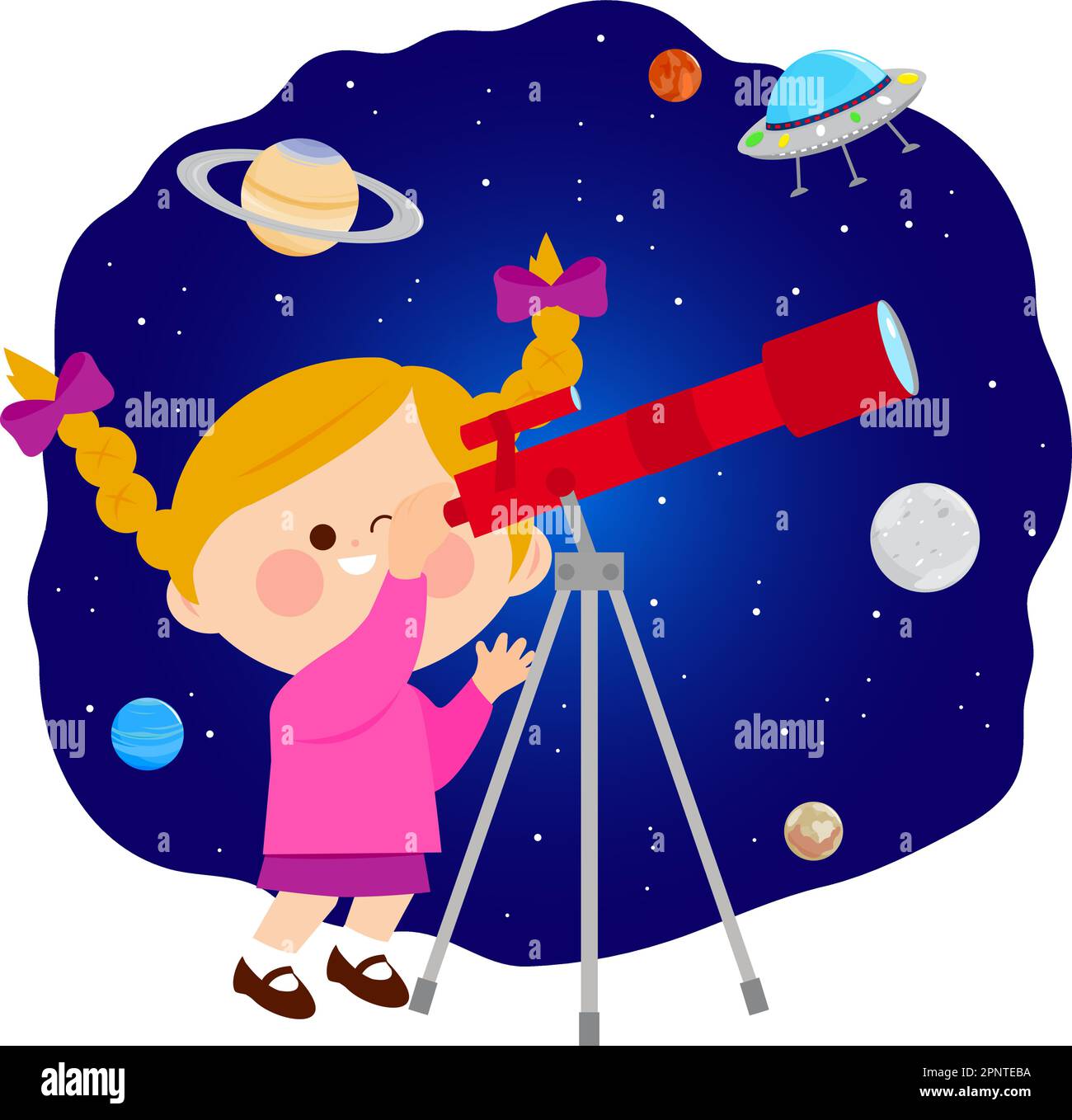 Child watching the night sky with a telescope. Vector illustration ...