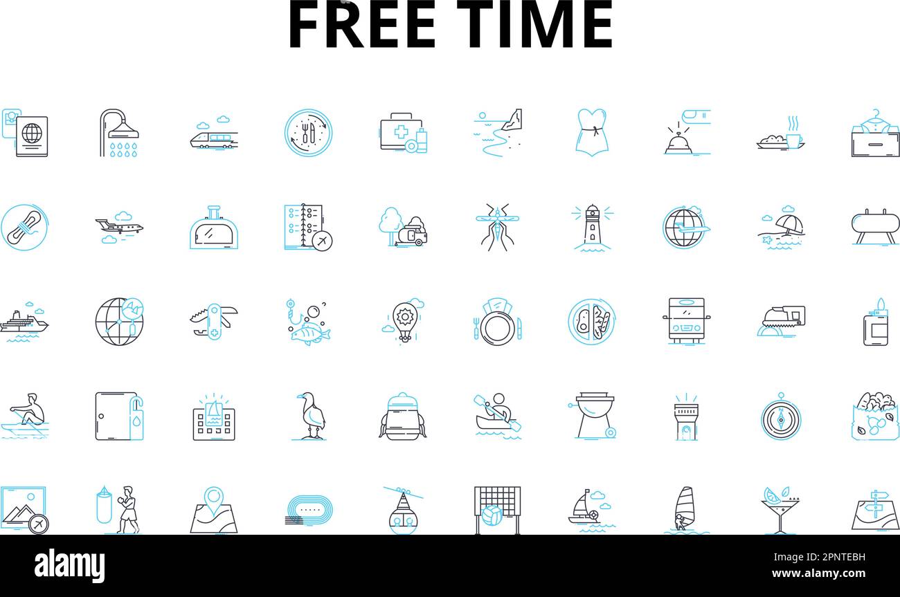 Free time linear icons set. Leisure, Relaxation, Hobbies, Pastimes, Recreation, Amusement, Entertainment vector symbols and line concept signs Stock Vector