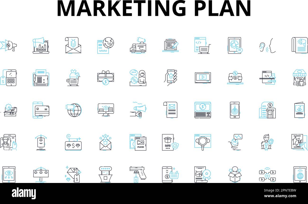 Marketing plan linear icons set. Strategy, Objectives, SWOT, Segmentation, Differentiation, Positioning, Branding vector symbols and line concept Stock Vector
