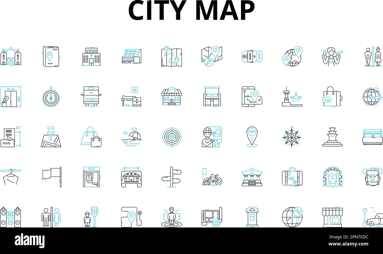 City map linear icons set. Navigation, Tourist, Streets, Districts, Landmarks, Transit, Tour vector symbols and line concept signs. Guide,Directions Stock Vector