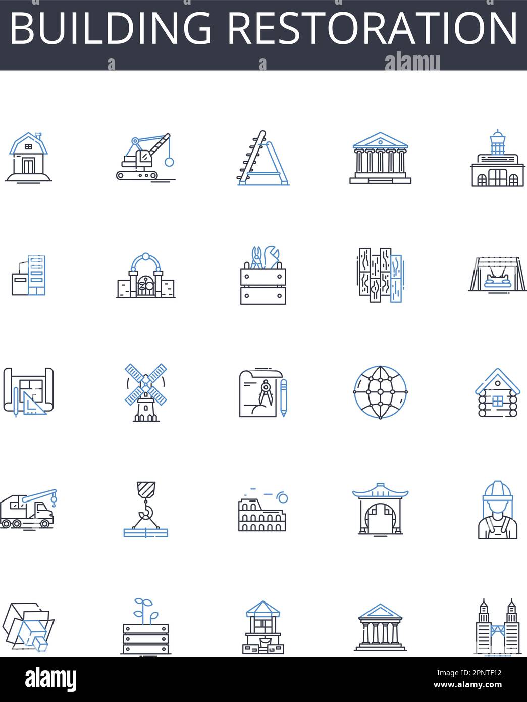 Building restoration line icons collection. Cozy, Snug, Homey, Warm, Inviting, Soft, Relaxed vector and linear illustration. Comforting,Serene Stock Vector