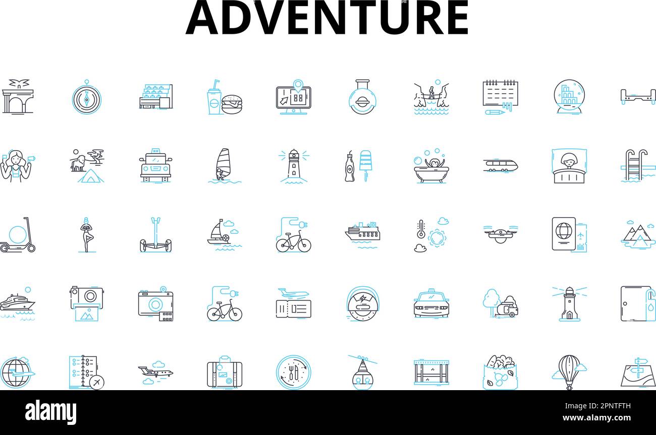 Adventure linear icons set. Exploration, Danger, Excitement, Thrill, Risk, Escape, Journey vector symbols and line concept signs. Expedition,Quest Stock Vector