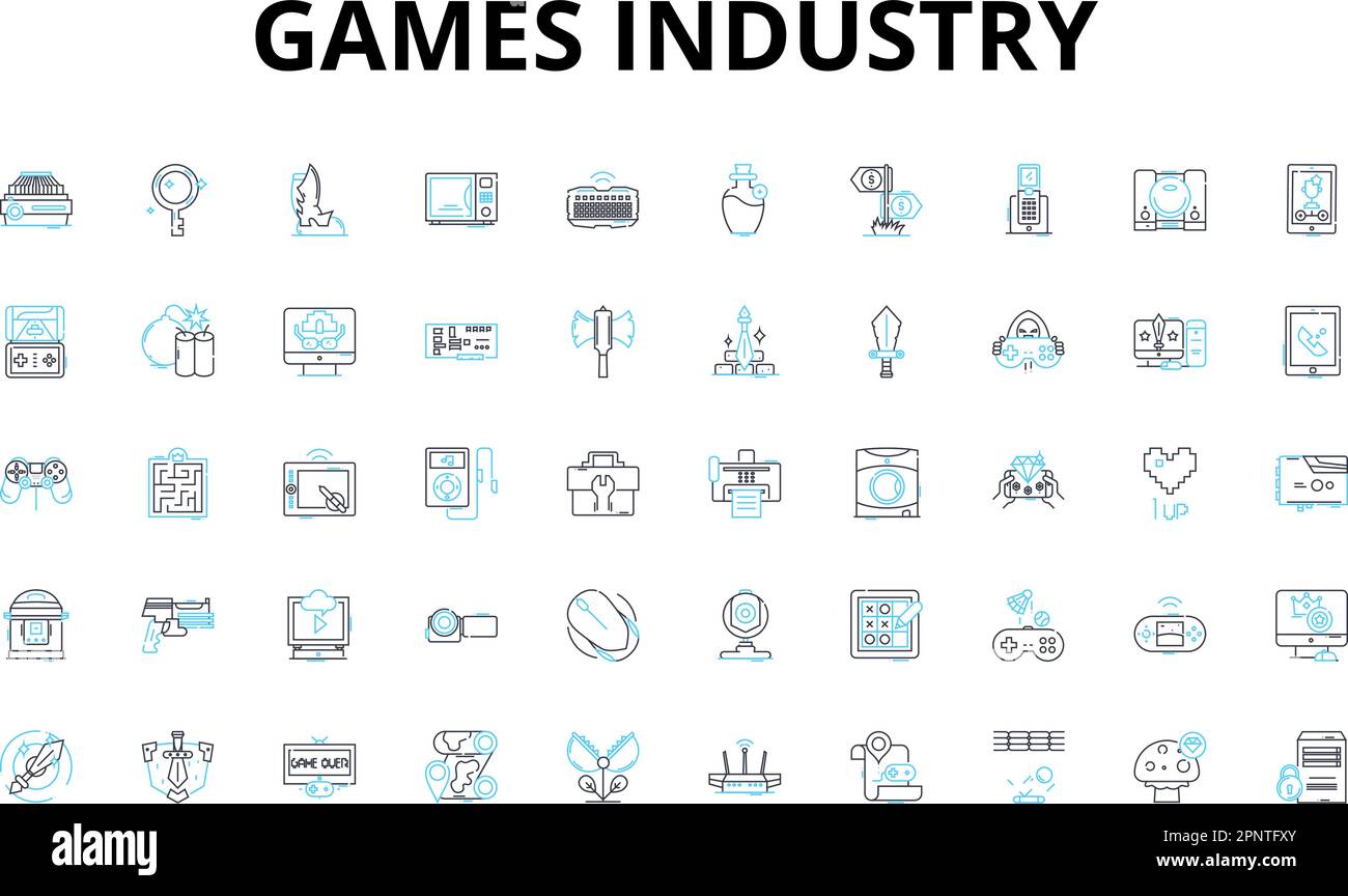 Games industry linear icons set. Gaming, Competition, Innovation, Fun